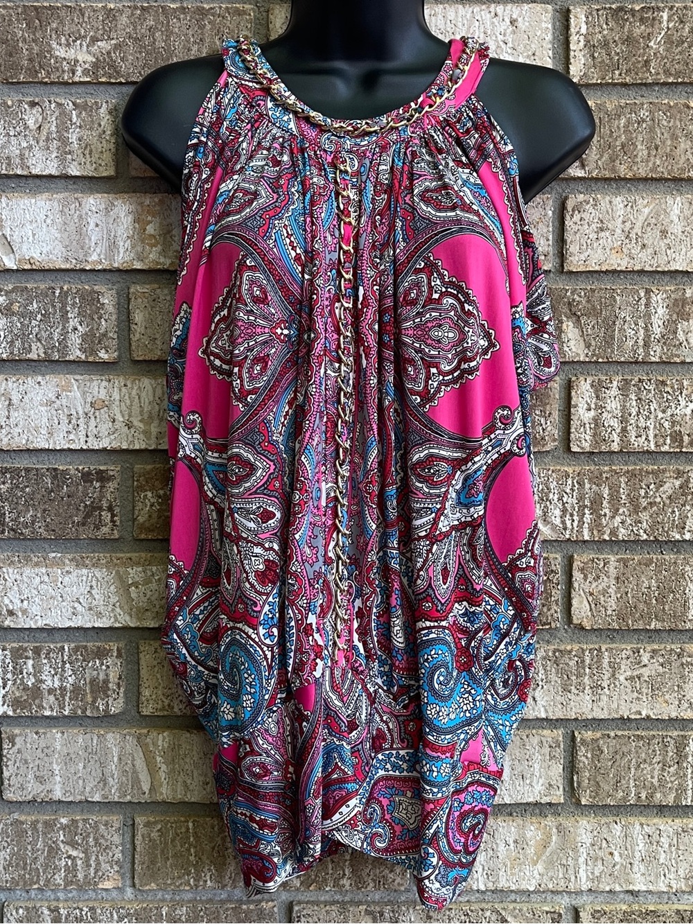 Cache Y2K Glam Paisley Drapey Flattering Halter Blouson Top w/ Chain Detail XS